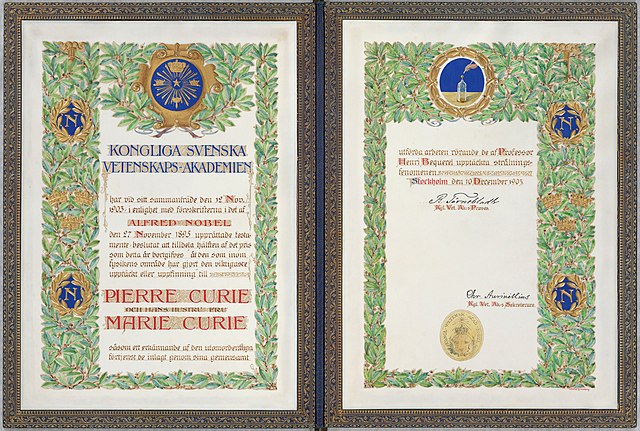 1903 Nobel Prize diploma - Marie Curie and Pierre Curie