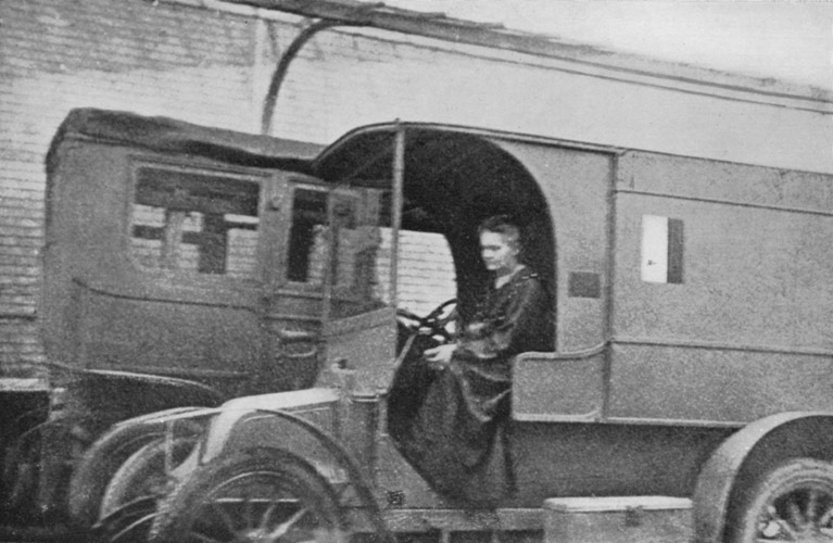 Curie in a mobile X-ray vehicle, 1915