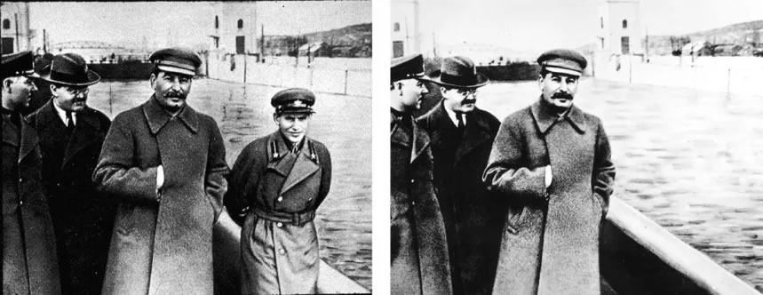 Nikolai Yezhov, pictured right of Stalin, was later removed from this photograph at the Moscow Canal